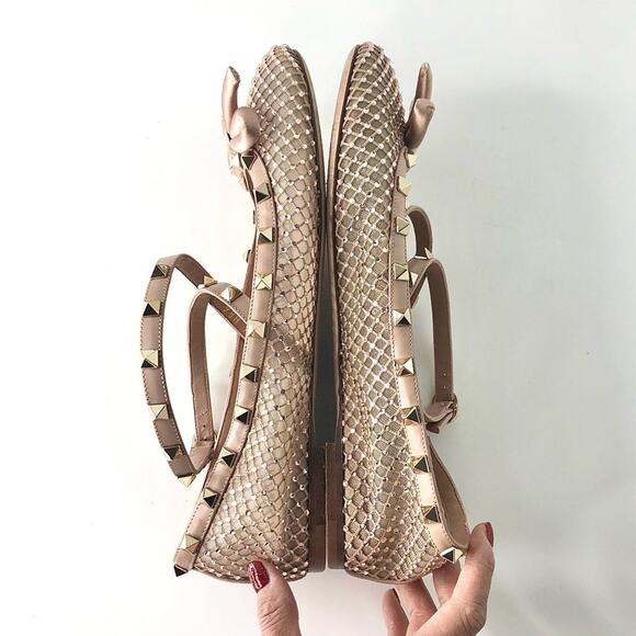Valentino Rockstud Crystals Mesh Rose Cannelle Calfskin Ballerina Flats 40 - Picture 6 of 12